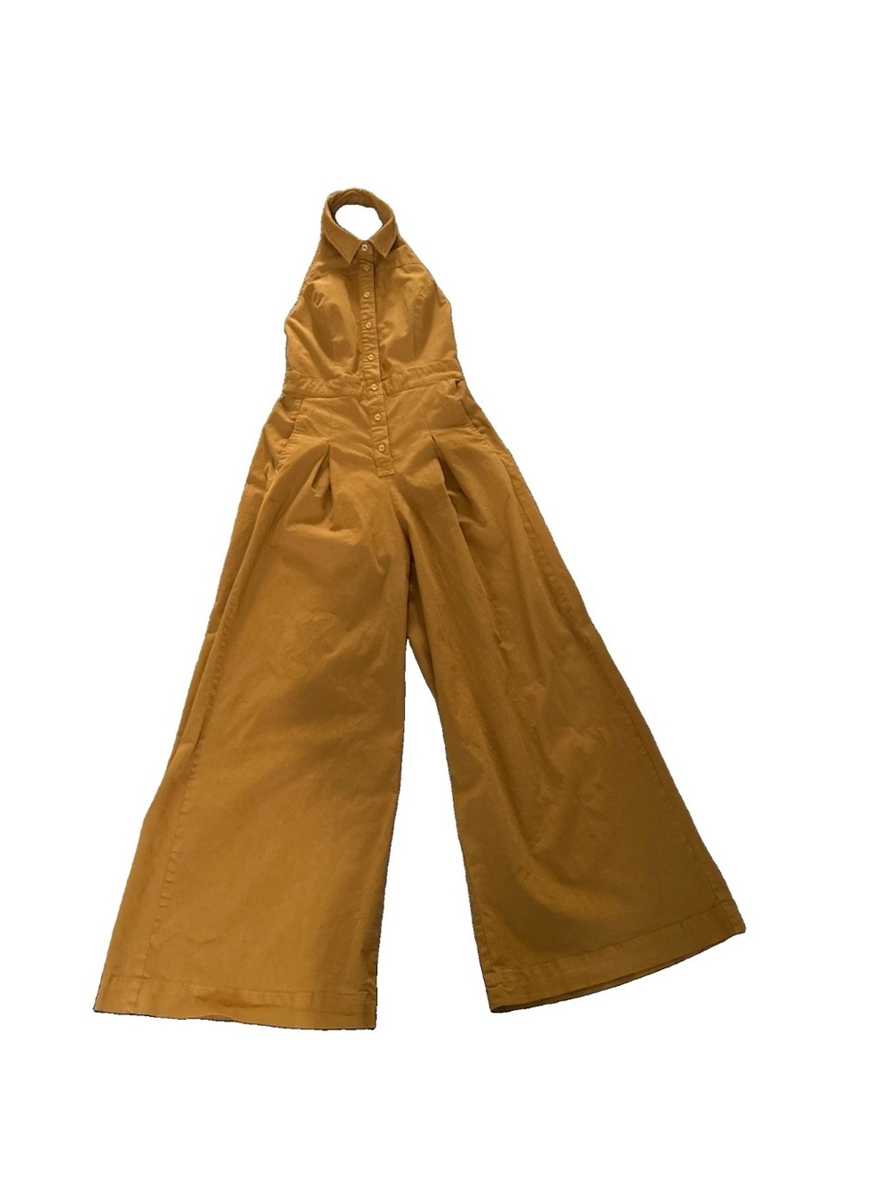 Anthropologie Women’s Picnic Mustard Open Back Halter Wide-Leg Jumpsuit Size 2